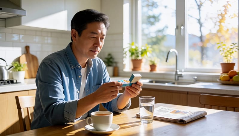 약통을 들고 복용 중인 약을 살펴보는 중년 남성