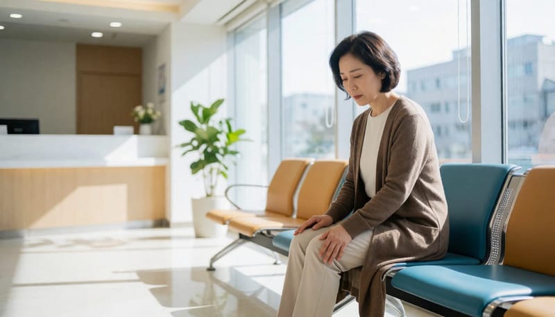 병원 대기실에서 다리 상태를 걱정하는 여성
