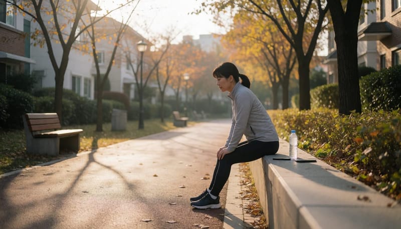 가을 초입 공원에서 종아리를 스트레칭하다 통증을 느끼는 여성