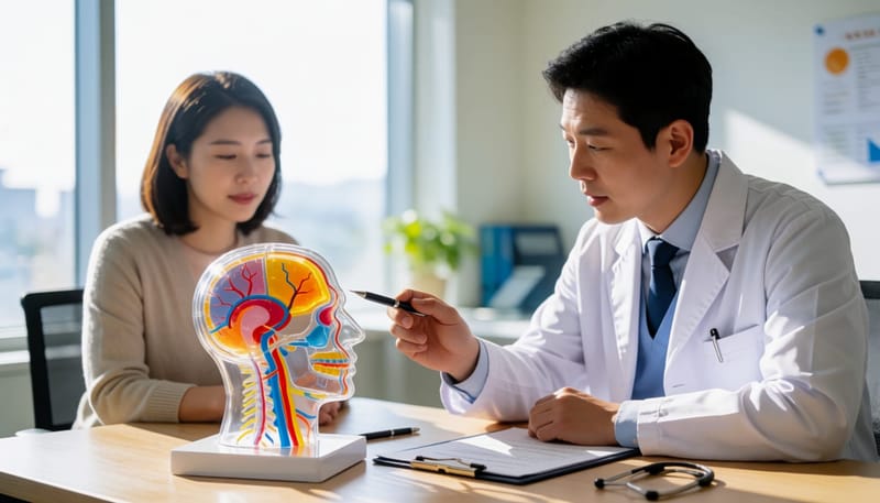 귀와 코가 연결된 통로를 모형으로 설명하는 의사