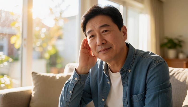 한쪽 귀를 손으로 누르며 불편한 표정을 짓는 남성