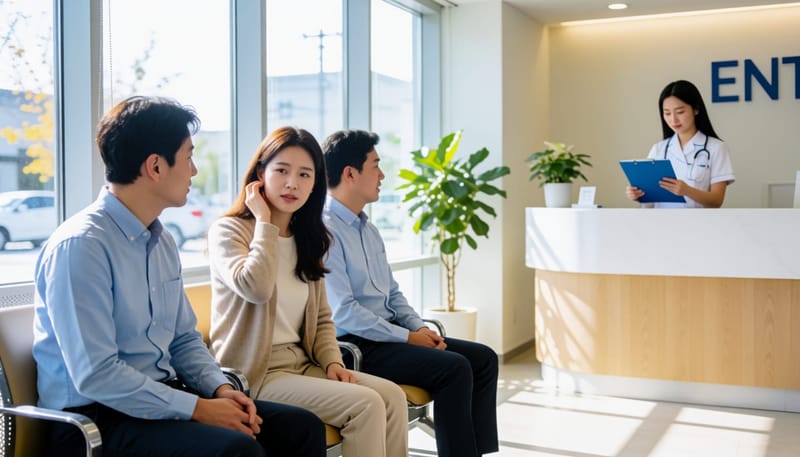 귀 증상이 계속되어 병원 대기실에 앉아있는 여성