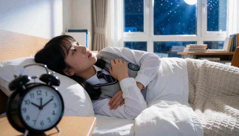 밤에 침대에 누워 가슴에 손을 올린 채 잠들지 못하는 수험생