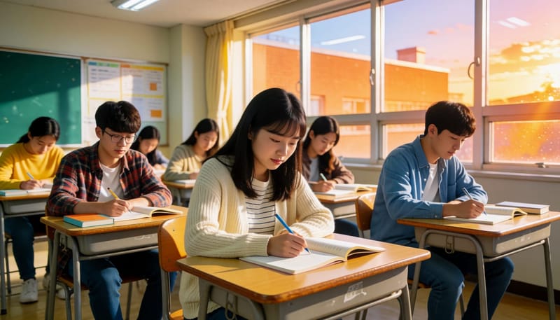 교실에서 혼자 긴장한 듯 책상을 움켜쥔 학생과 평온한 다른 학생들