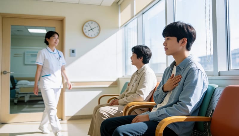 병원 대기실에서 가슴에 손을 얹고 진료를 기다리는 학생