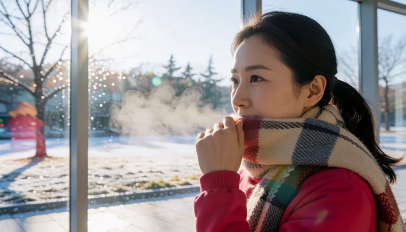 차가운 아침 공기 속에서 입김을 내뿜으며 달리는 여성