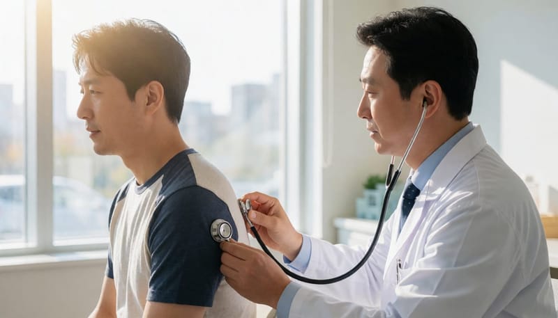 청진기로 호흡음을 확인하는 의사와 환자