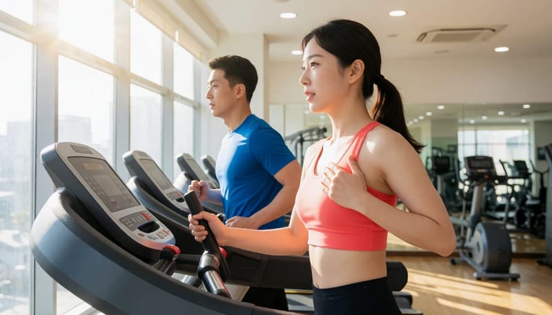 트레드밀에서 가슴에 손을 올리고 힘들어하는 여성