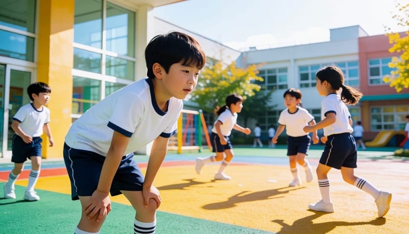운동장에서 숨차하며 멈춰선 아이와 뛰노는 또래 아이들