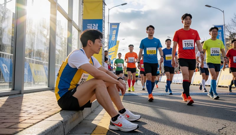 완주 직후 코스 옆에 주저앉아 호흡을 고르는 마라토너