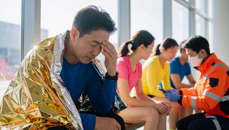 보온담요를 두른 채 머리를 감싸쥐고 있는 러너