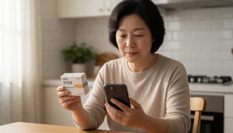 유통기한 지난 진통제를 살펴보며 고민하는 여성
