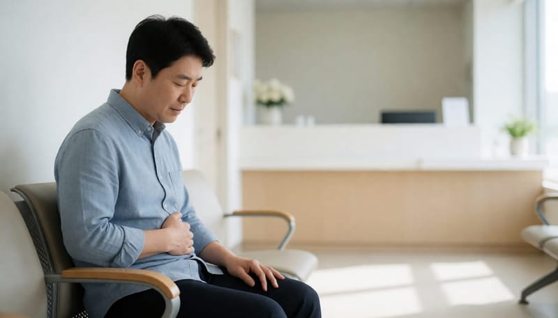 복통을 느끼며 병원 대기실에 앉아 있는 남성