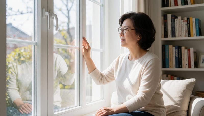 안경을 쓴 여성이 책장을 바라보며 미묘하게 눈을 찌푸리는 모습