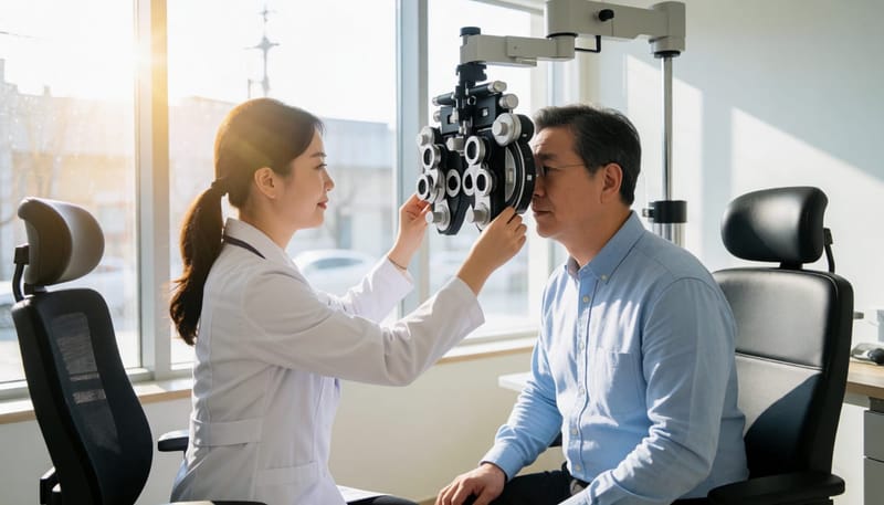 안과에서 검안사가 검사 기기로 환자의 시력을 검사하는 장면