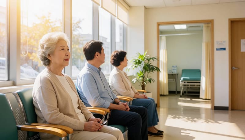 대기실에서 안경을 손에 쥐고 진료실 쪽을 바라보는 노년 여성