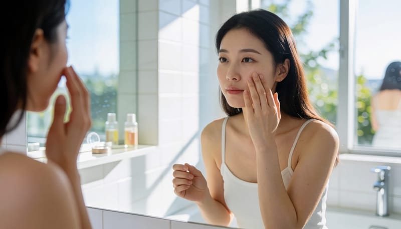 눈이 충혈되고 화끈거려 눈가를 만지는 여성의 정면 모습