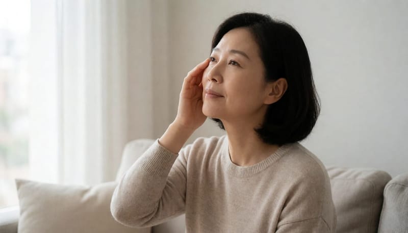 안약을 넣은 뒤 쓴맛에 살짝 미간을 찌푸리며 눈가를 만지는 여성