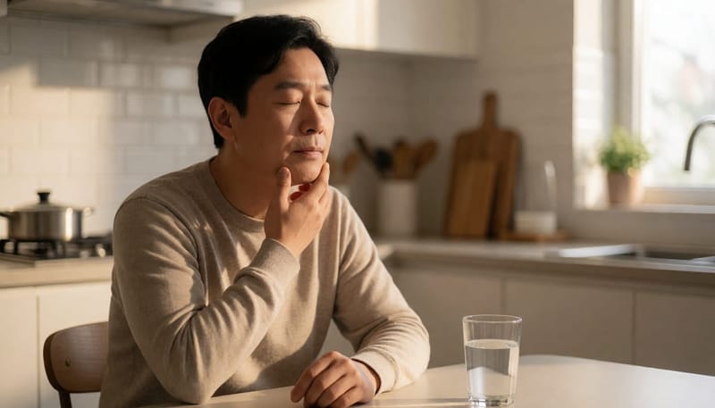 안약을 넣은 후 목 뒤쪽에서 쓴맛을 느끼며 목을 만지는 남성