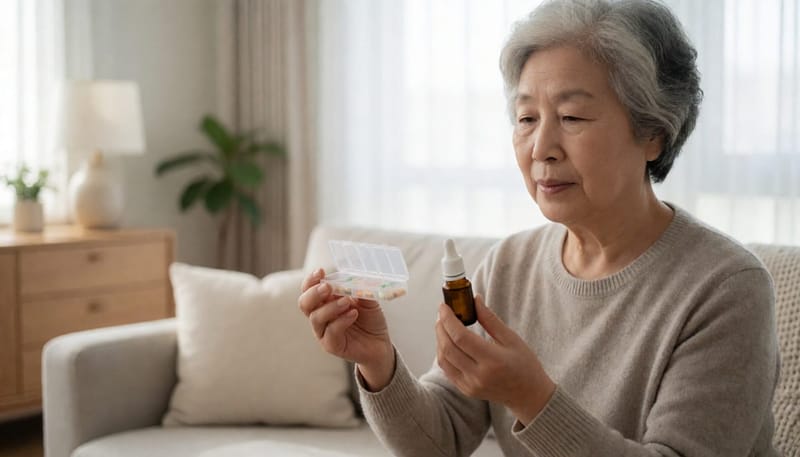 복용 중인 약과 안약을 함께 살펴보는 고령 여성의 모습