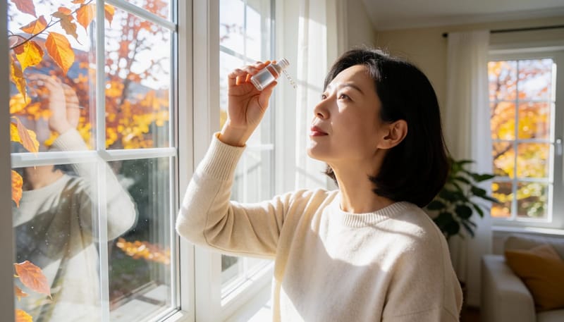 환절기 아침 창가에서 안약을 넣는 여성