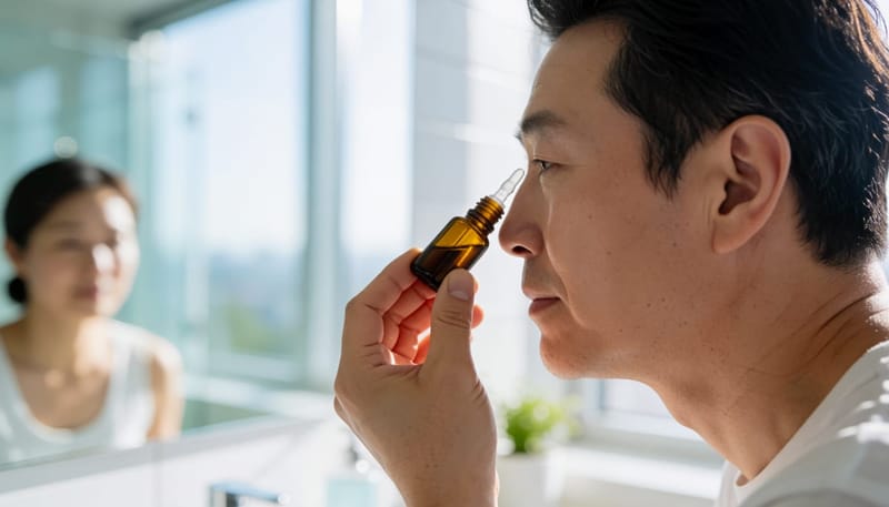 안약이 눈과 코 쪽 눈물관으로 이어지는 경로를 보여주는 근접 촬영