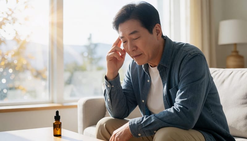 안약 사용 후 머리가 띵해 관자놀이를 짚는 남성