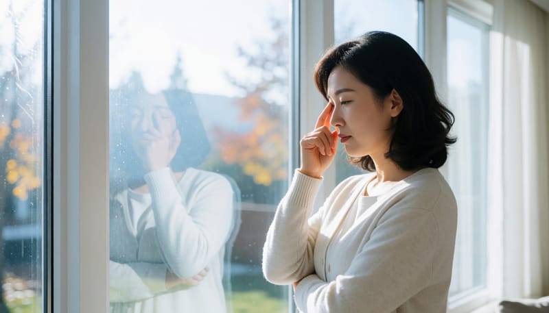 환절기 이른 아침 눈가를 지그시 누르는 여성의 모습