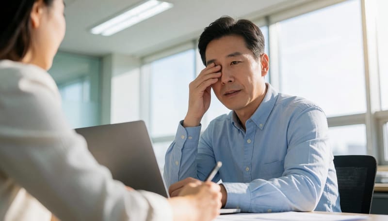 눈을 옆으로 움직이며 통증을 느끼는 남성의 클로즈업