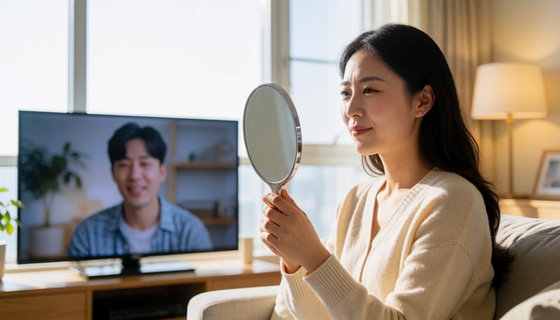 거울을 보며 시야가 흐려짐을 확인하는 여성의 모습