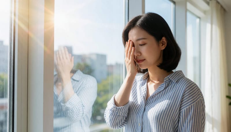 한쪽 눈을 가리고 통증 양상을 확인하는 여성