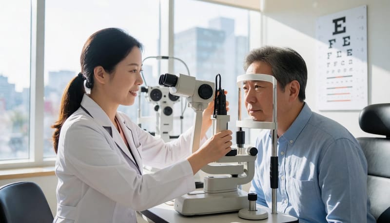 안압검사 기기 앞에 앉은 환자와 검사하는 의료진
