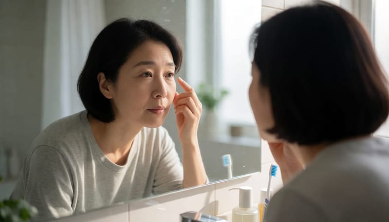 욕실 거울 앞에서 손가락으로 눈꺼풀을 당겨 붉어진 흰자위를 살펴보는 여성