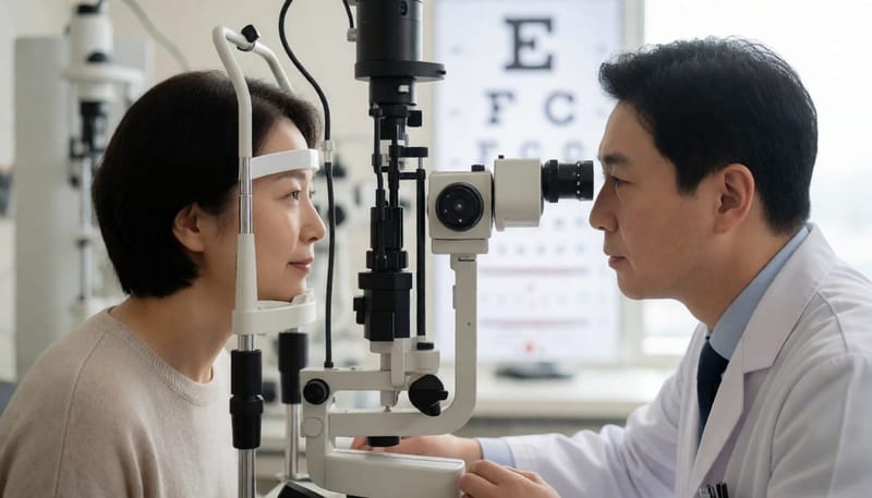 안과에서 세극등 검사로 의사가 환자의 눈을 정밀하게 살펴보는 장면