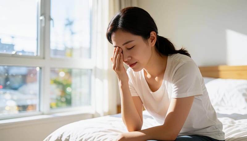 눈을 감싸고 있는 여성의 모습으로 뿌옇게 남은 시야를 암시하는 장면