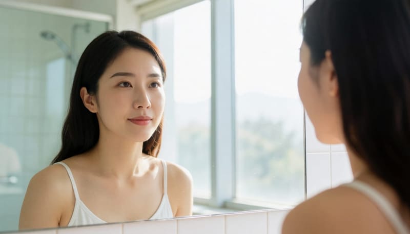 한쪽 눈을 찡그리며 시야 이상을 느끼는 여성의 거울 속 모습