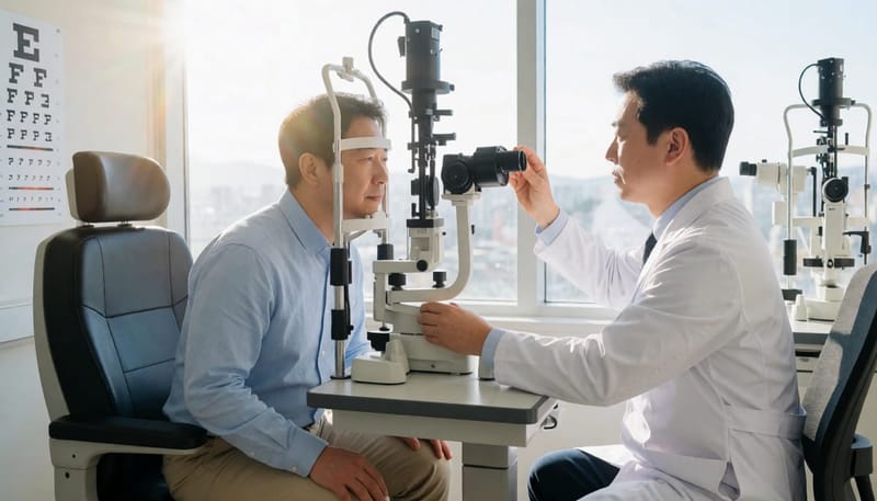 안과에서 세극등 검사를 받는 환자와 의료진의 모습