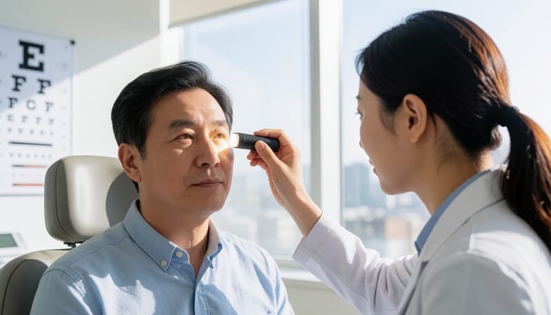안과에서 눈물길 부위를 살펴보는 진료 장면