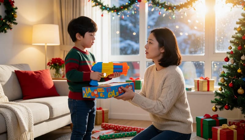 연말 선물로 받은 장난감 총을 든 아이와 걱정스러운 표정의 엄마