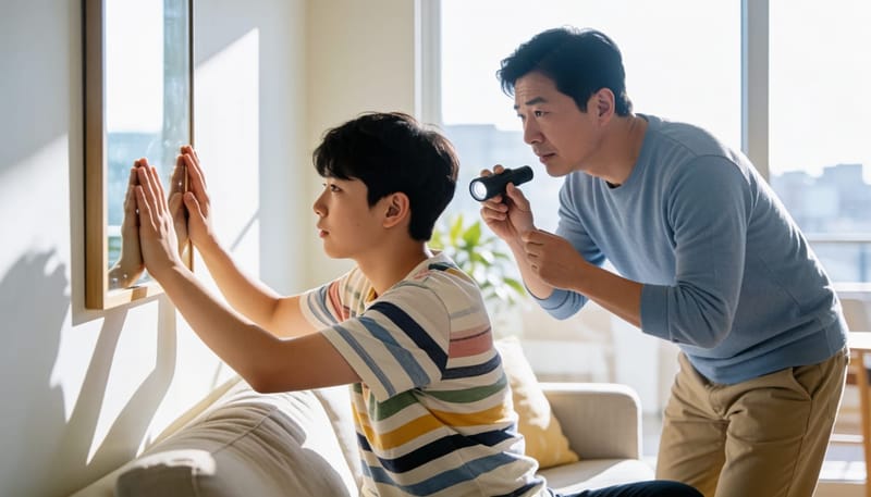 충혈된 눈을 아버지가 손전등으로 살펴보는 모습