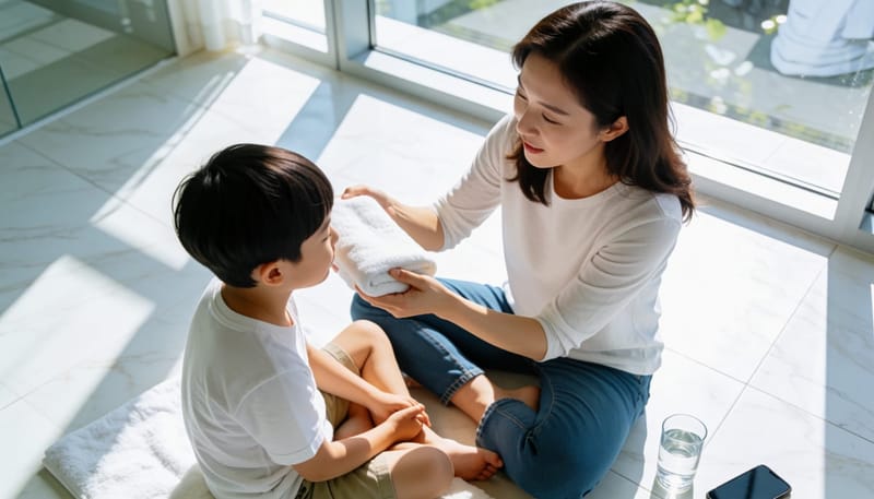 다친 눈을 응급처치하며 물과 수건을 준비하는 모습