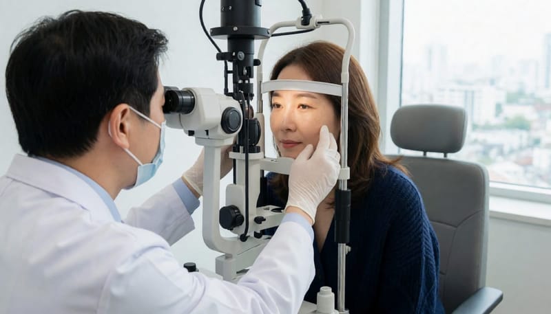 세극등현미경으로 눈꺼풀을 살펴보는 진찰 과정