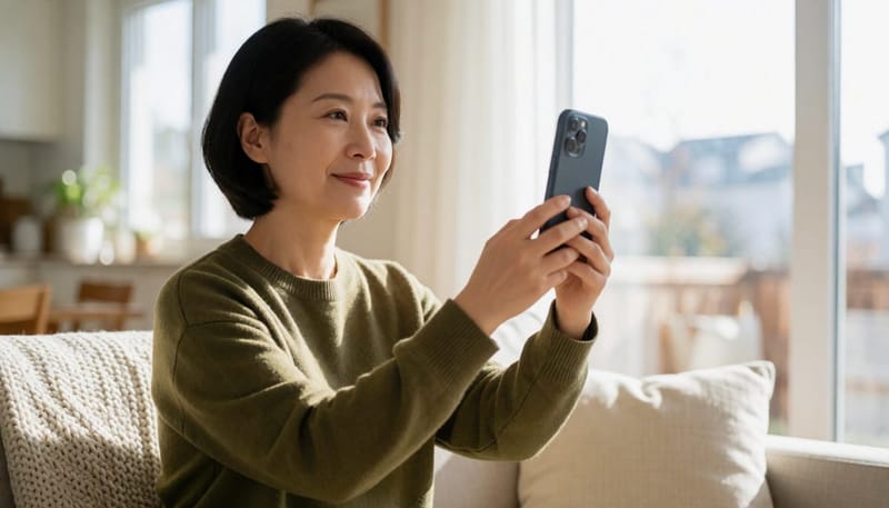 근거리 화면을 오래 본 뒤 시야가 흐려지는지 스스로 확인해보는 성인의 모습입니다.