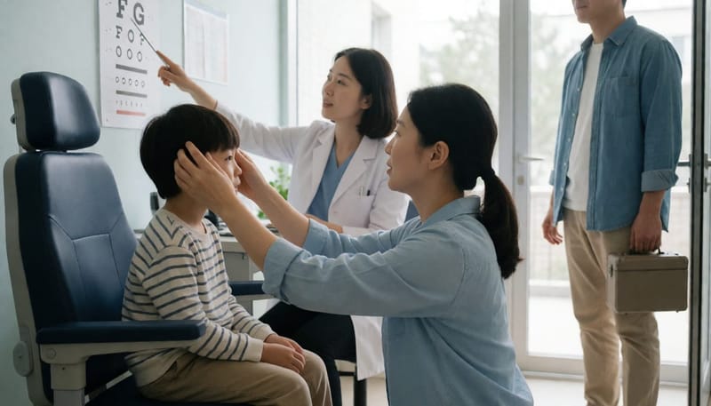 소아 환자와 어머니가 안과 진료실에서 상담을 받고 있는 모습