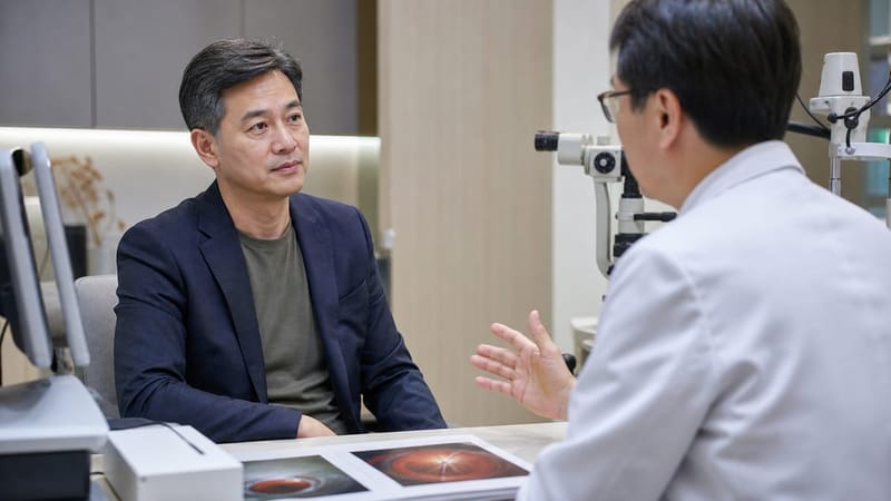 중년 이후에는 노안과 안구건조 여부를 먼저 확인한 뒤 드림렌즈 적합성을 판단합니다.