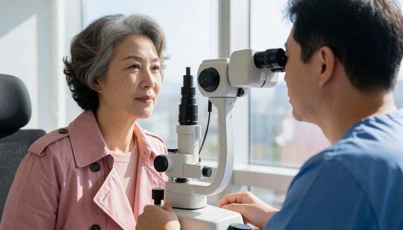 드림렌즈 착용 전 각막 곡률을 측정하는 검사 장면