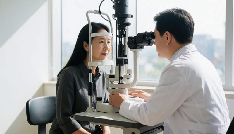 장기간 착용자의 각막 상태를 세극등으로 확인하는 정기검사 장면