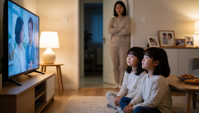 어두운 거실에서 TV를 가까이서 보며 눈을 찡그리는 여자아이와 지켜보는 엄마