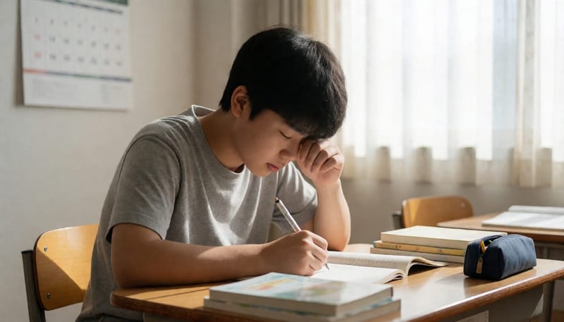 공부하다 눈을 비비며 노트에 얼굴을 가까이 대는 청소년 남자아이