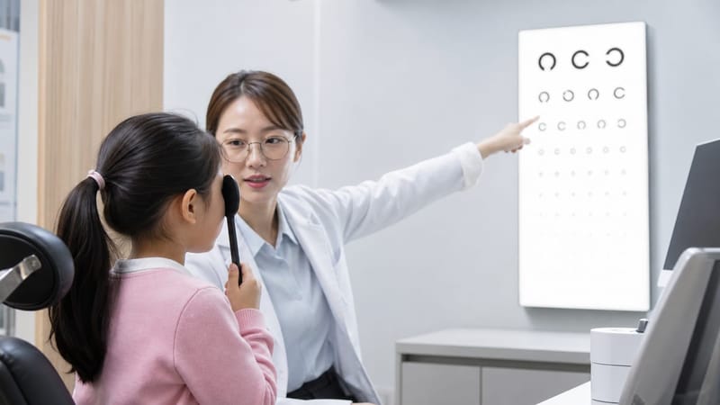 아이가 시력표 앞에 앉아 조절마비 굴절검사를 받는다